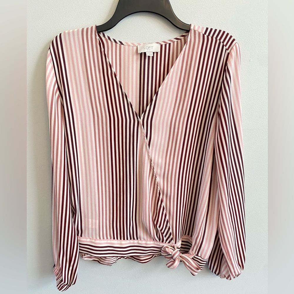 LOFT Pink stripes faux wrap blouse- size small